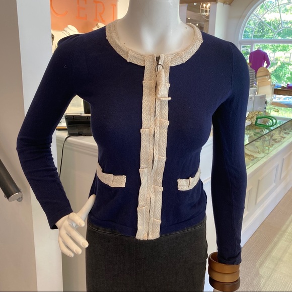 Anthropologie HWR Navy Trimmed Full Zip Cardigan - Picture 1 of 2